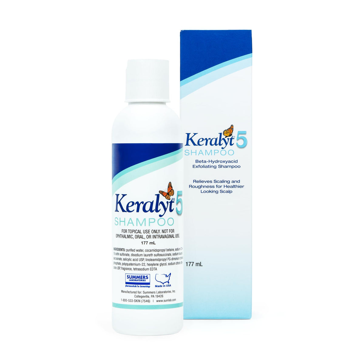Keralyt 5 shampoo bottle front showing strong scalp cleansing action.