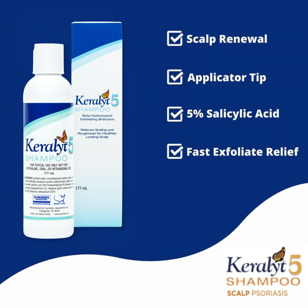 Keralyt 5 shampoo label closeup highlighting potent 5% salicylic acid.