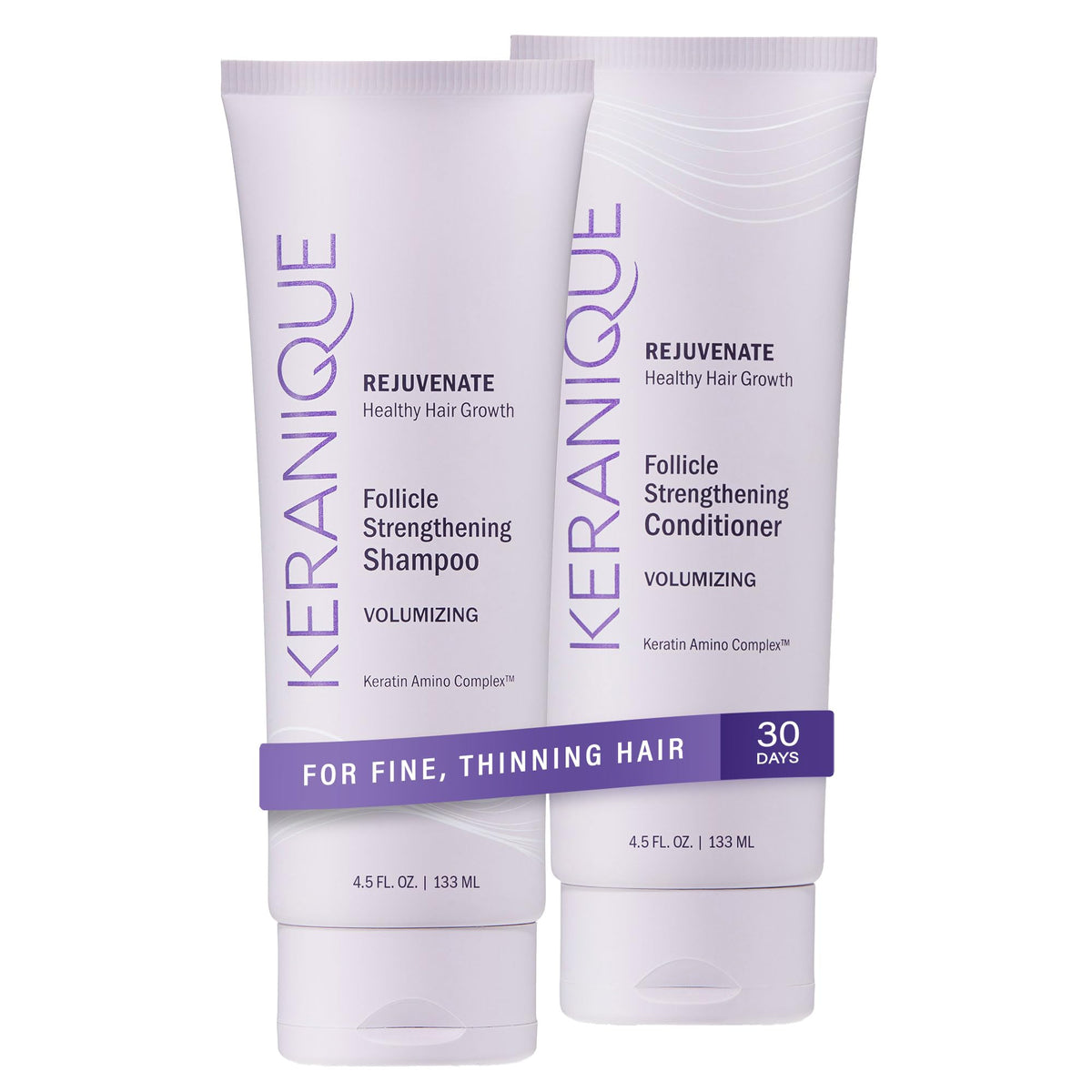 Keranique champú volumen, botella visible, para lograr cabello más grueso y con más cuerpo.