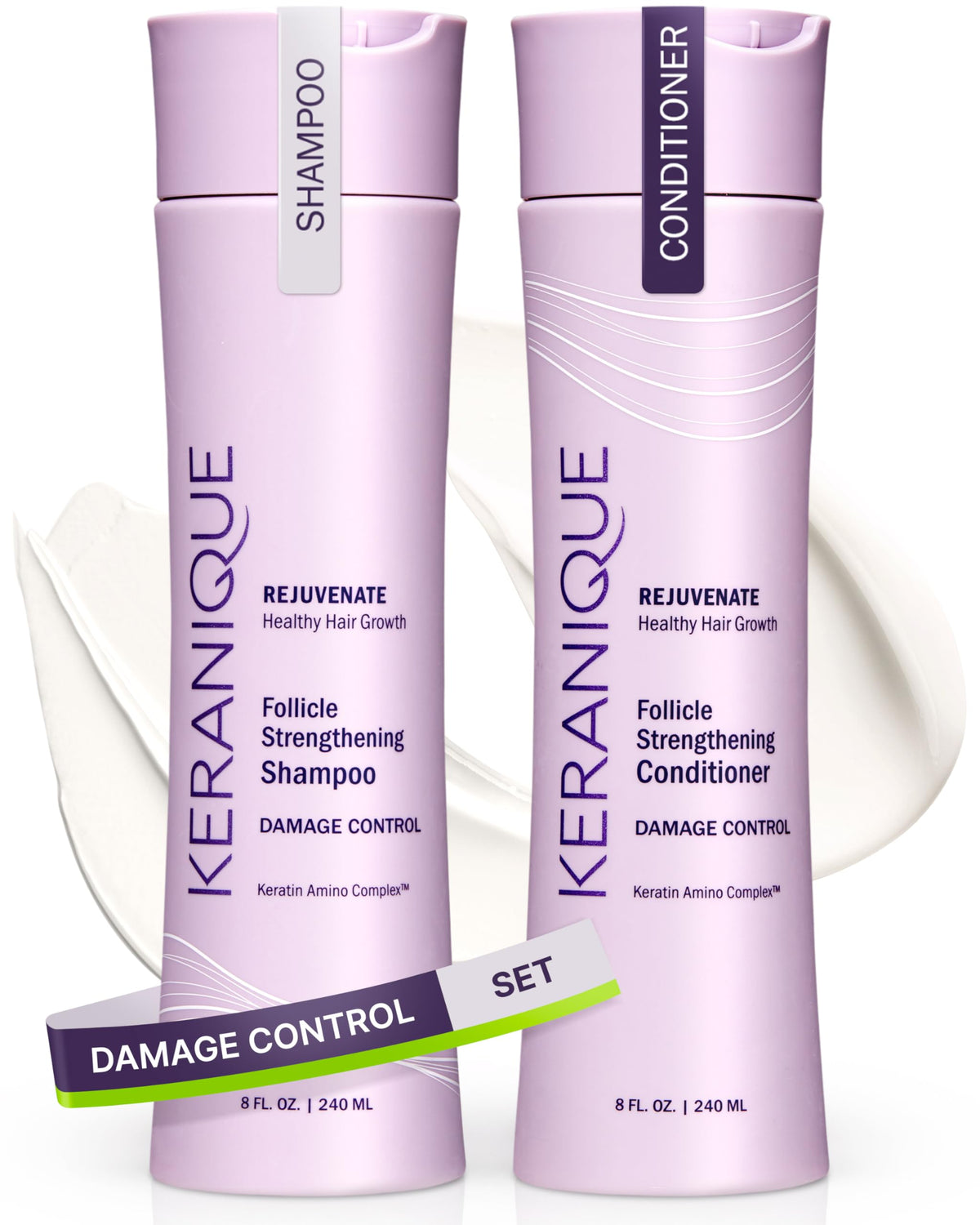 Keranique Damage-Control Shampoo bottle for stronger, more resilient hair.