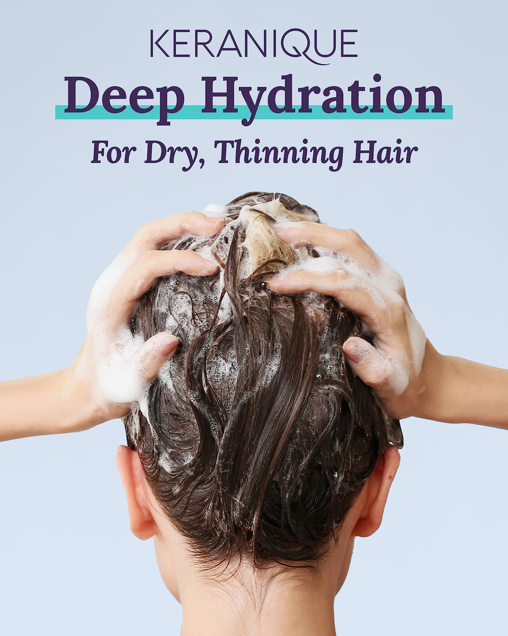 Keranique Deep Hydration Conditioner tube shows smooth, manageable hair after use.