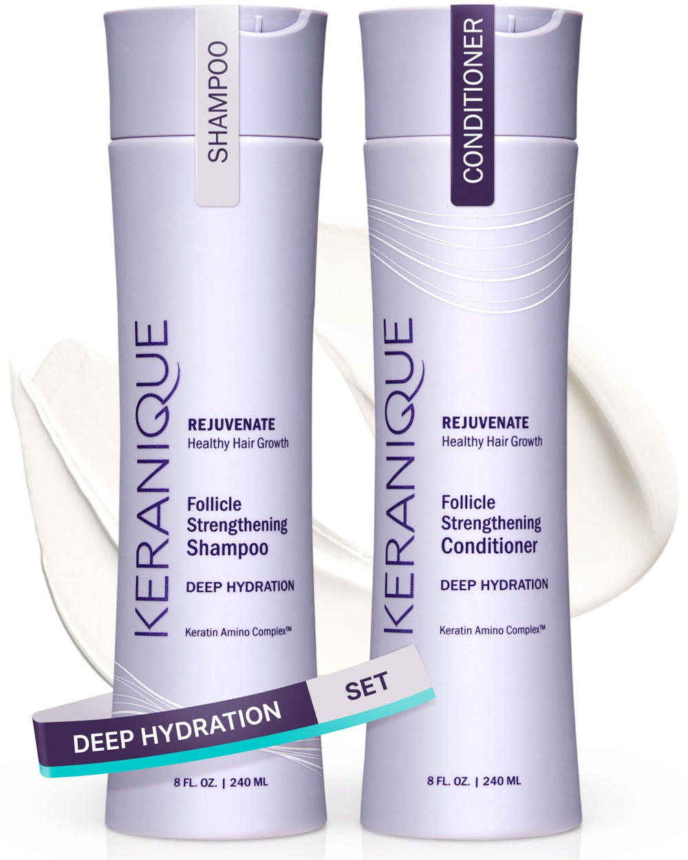 Keranique Deep Hydration Shampoo bottle demonstrates deep moisture for dry, thinning hair.