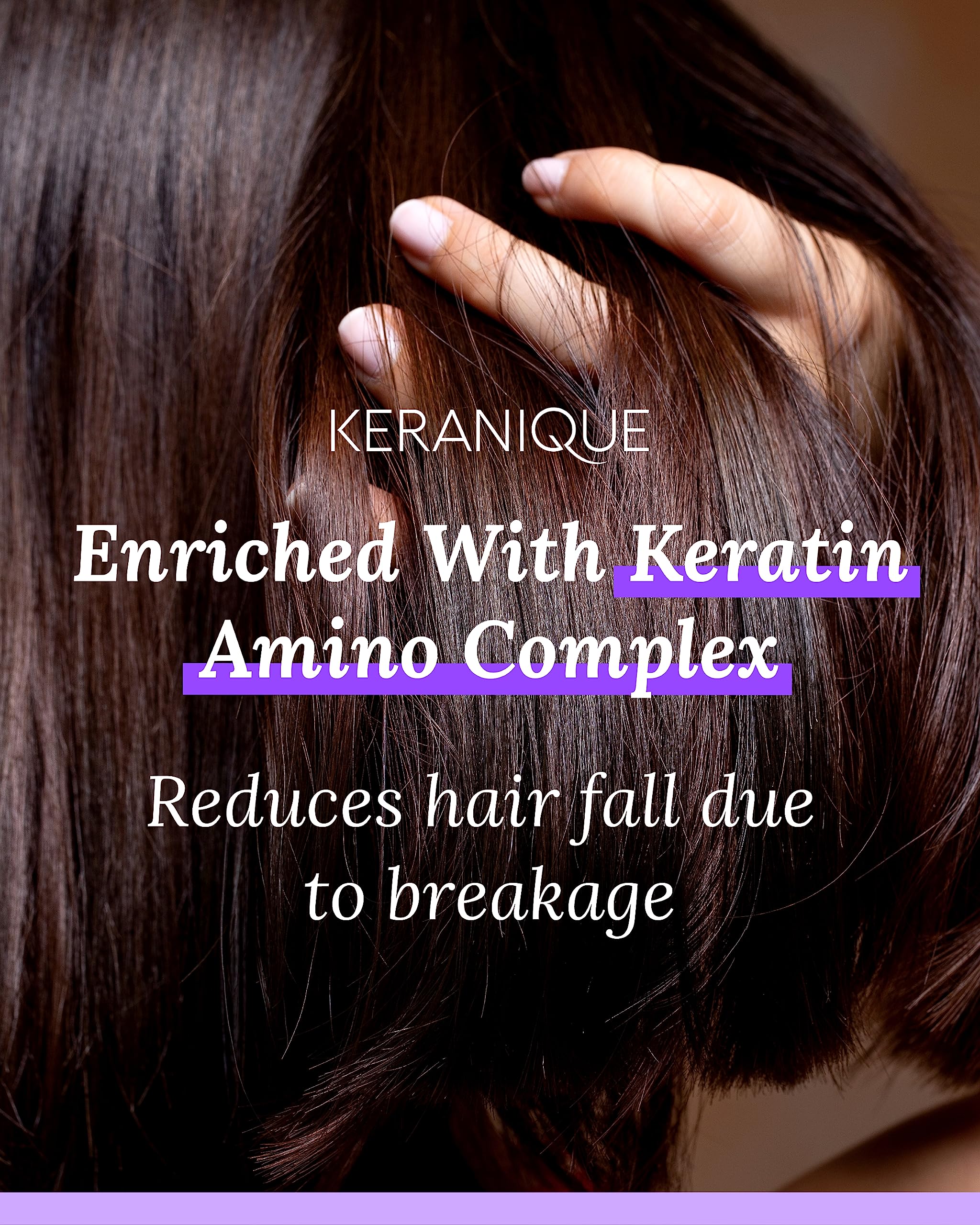 Keranique hair mask thickening effect shown on a strand to boost volume.
