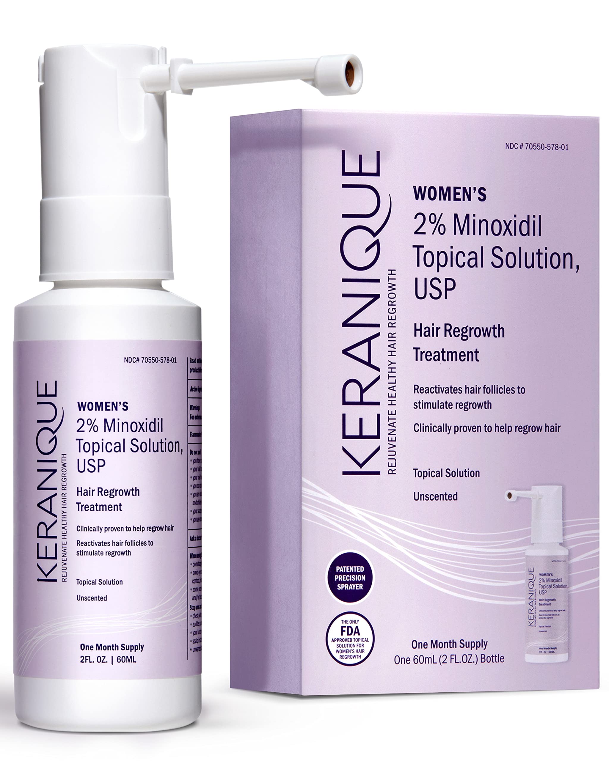 Keranique hair regrowth treatment bottle with precision sprayer for targeted application