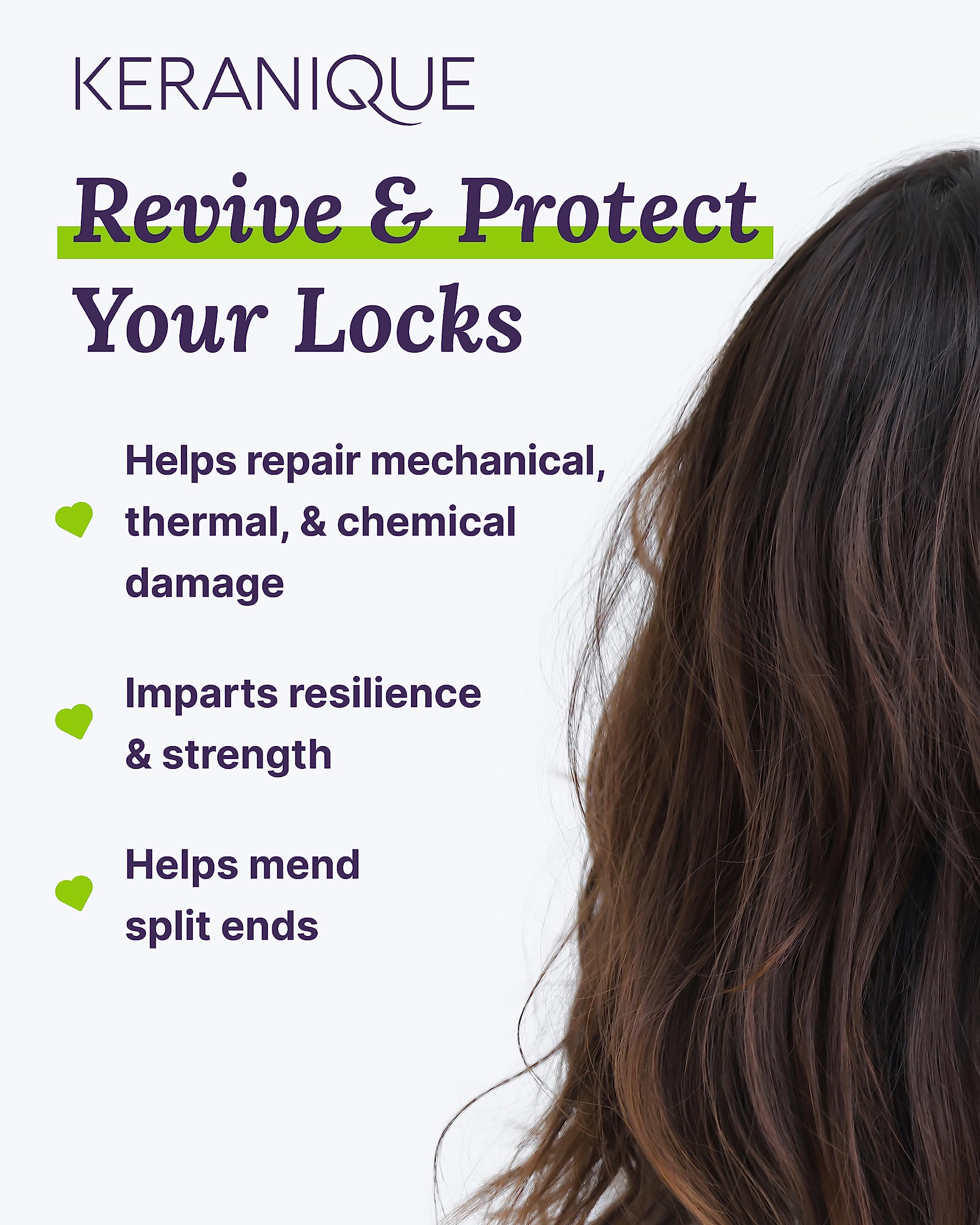 Keranique Keratin Amino Complex closeup highlighting fortifying hair structure.