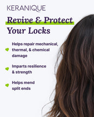 Keranique Keratin Amino Complex closeup highlighting fortifying hair structure.