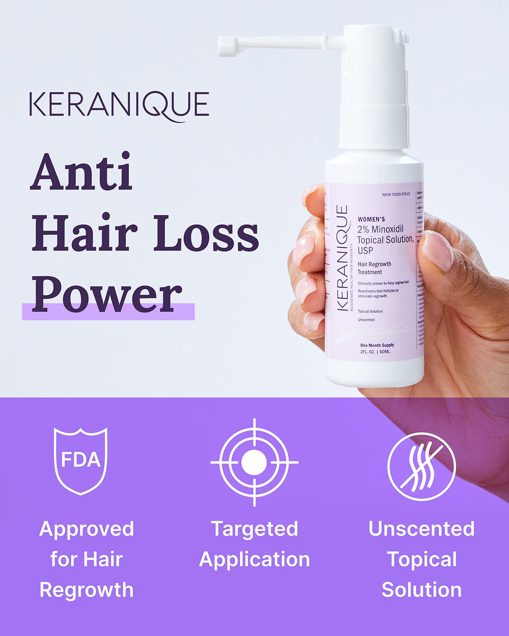Close up of Keranique precision sprayer delivering minoxidil to the scalp