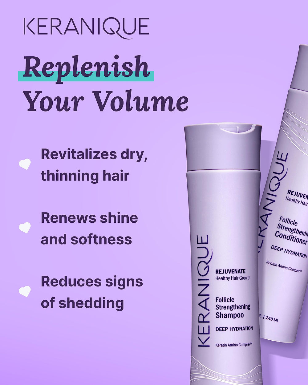 Keranique reduced shedding close-up visual suggests stronger strands.
