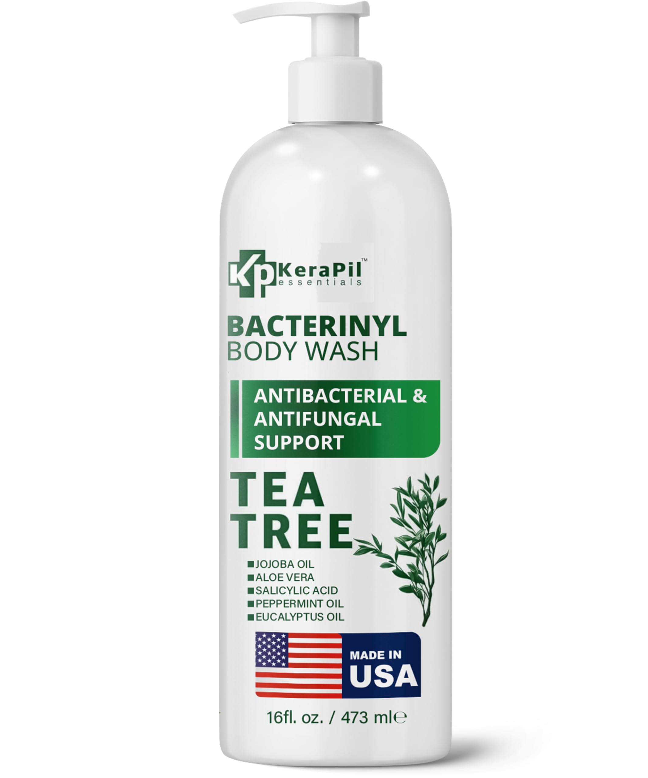 KERAPIL Bacterinyl Jabón Corporal con Aceite de Árbol de Té – Antibacteriano y Antifúngico, 16 onzas, Hecho en EE. UU.
