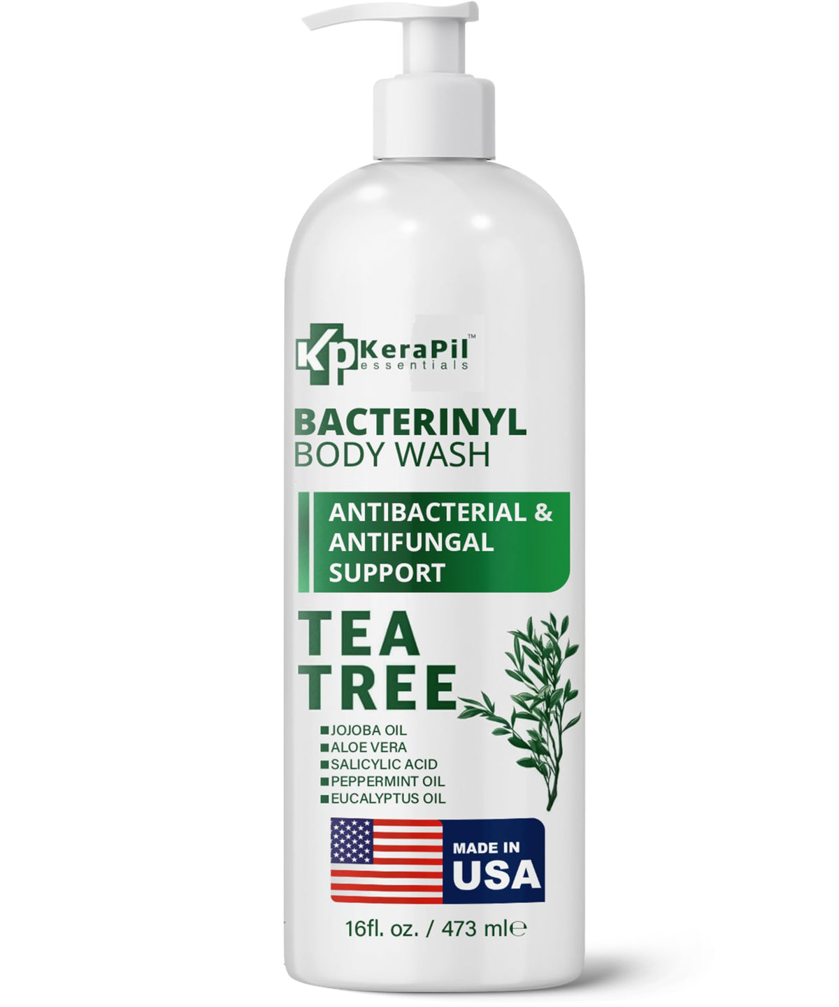 KERAPIL Bacterinyl Jabón Corporal con Aceite de Árbol de Té – Antibacteriano y Antifúngico, 16 onzas, Hecho en EE. UU.