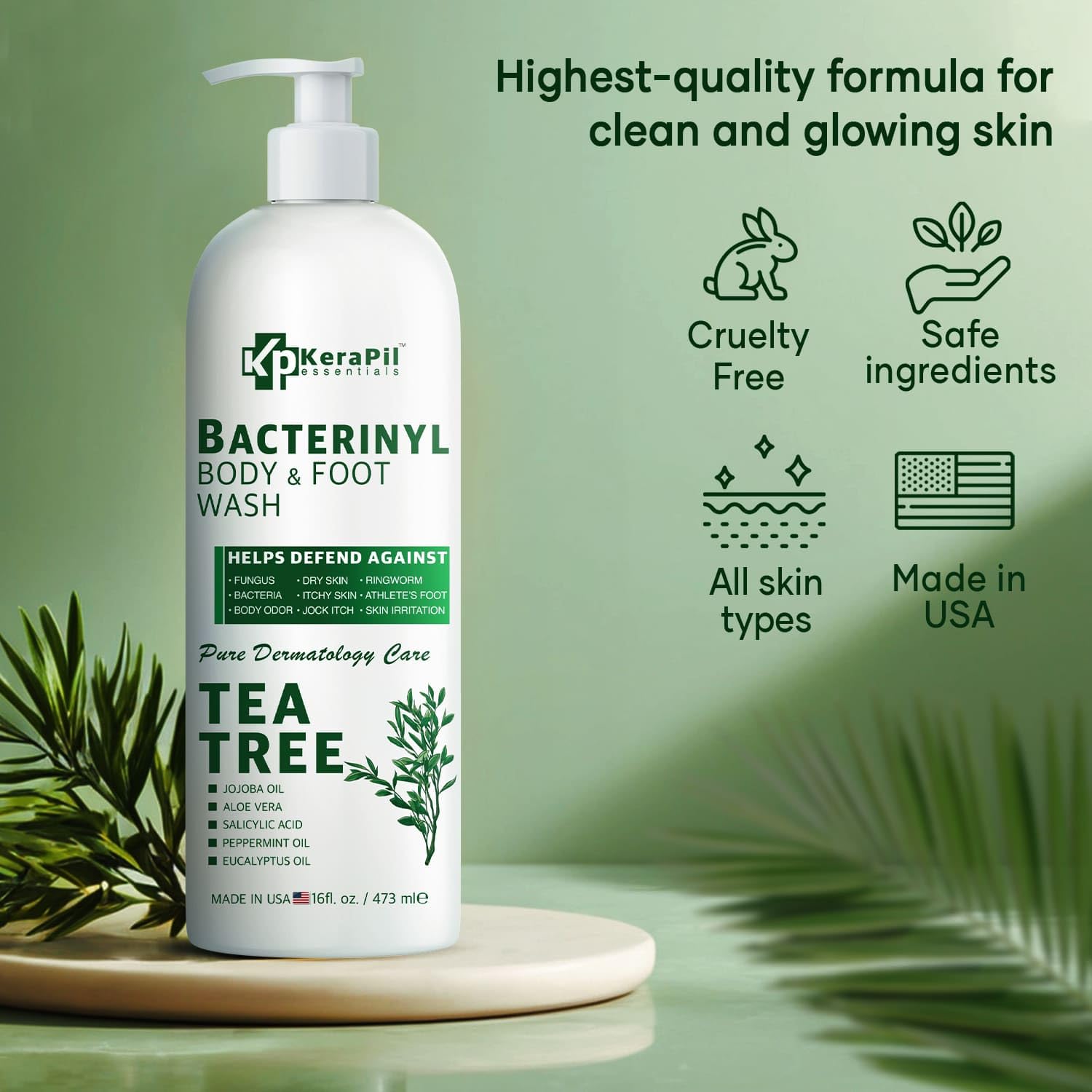 KERAPIL Bacterinyl Tea Tree Body Wash bottle back showing ingredients and USA-made label.