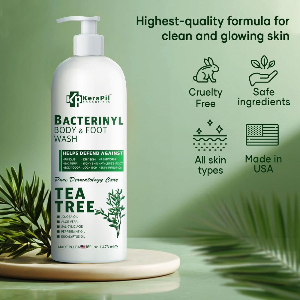 KERAPIL Bacterinyl Tea Tree Body Wash bottle back showing ingredients and USA-made label.