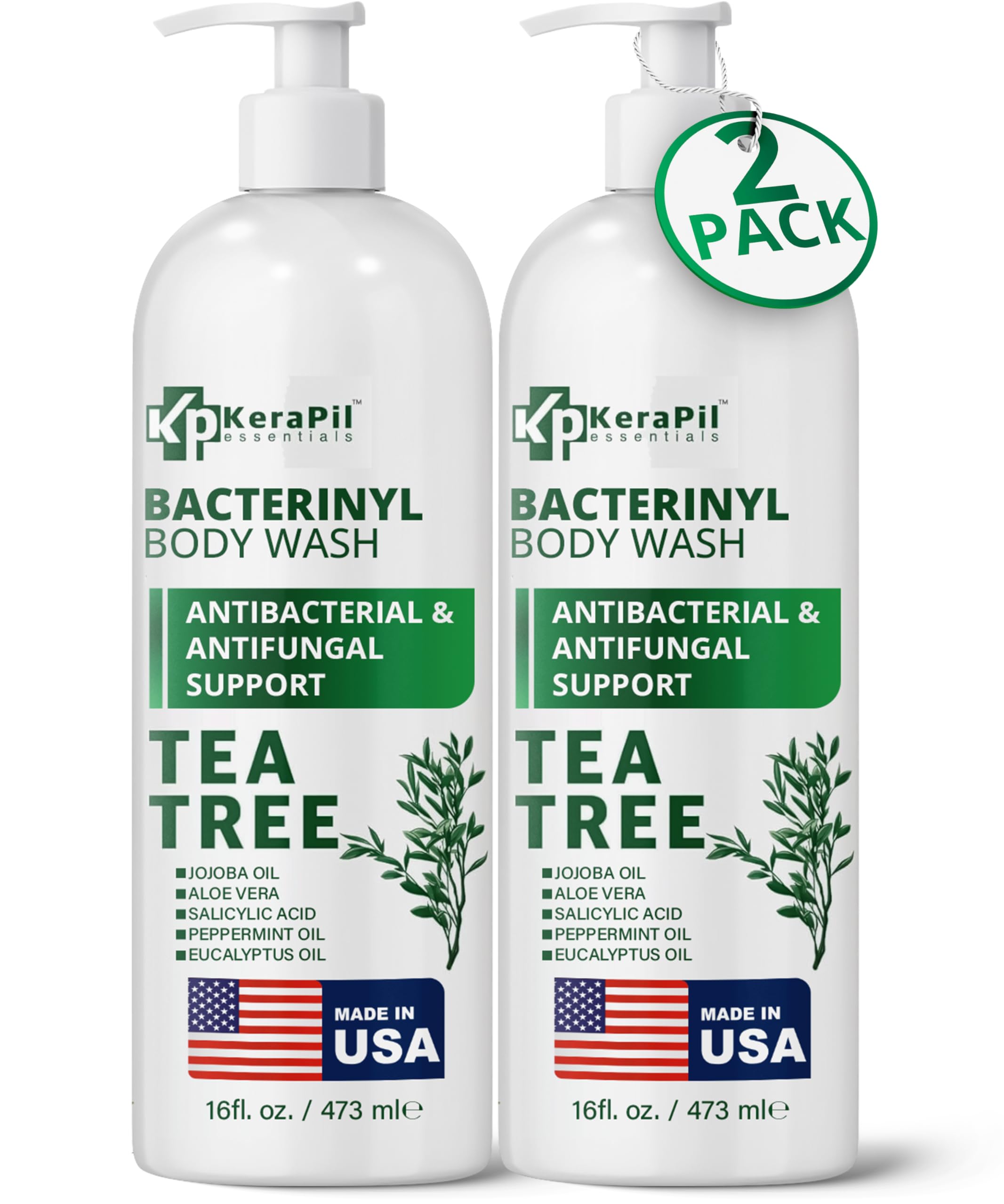 KERAPIL Bacterinyl Tea Tree Body Wash bottle front view for antibacterial cleansing.