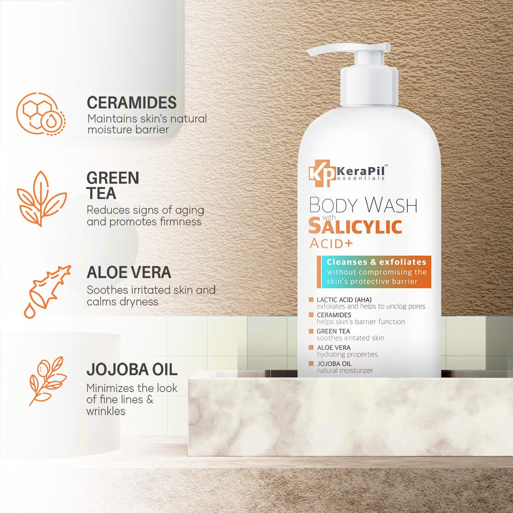 KERAPIL Ducha exfoliante, textura cremosa visible, exfoliación suave para piel áspera.