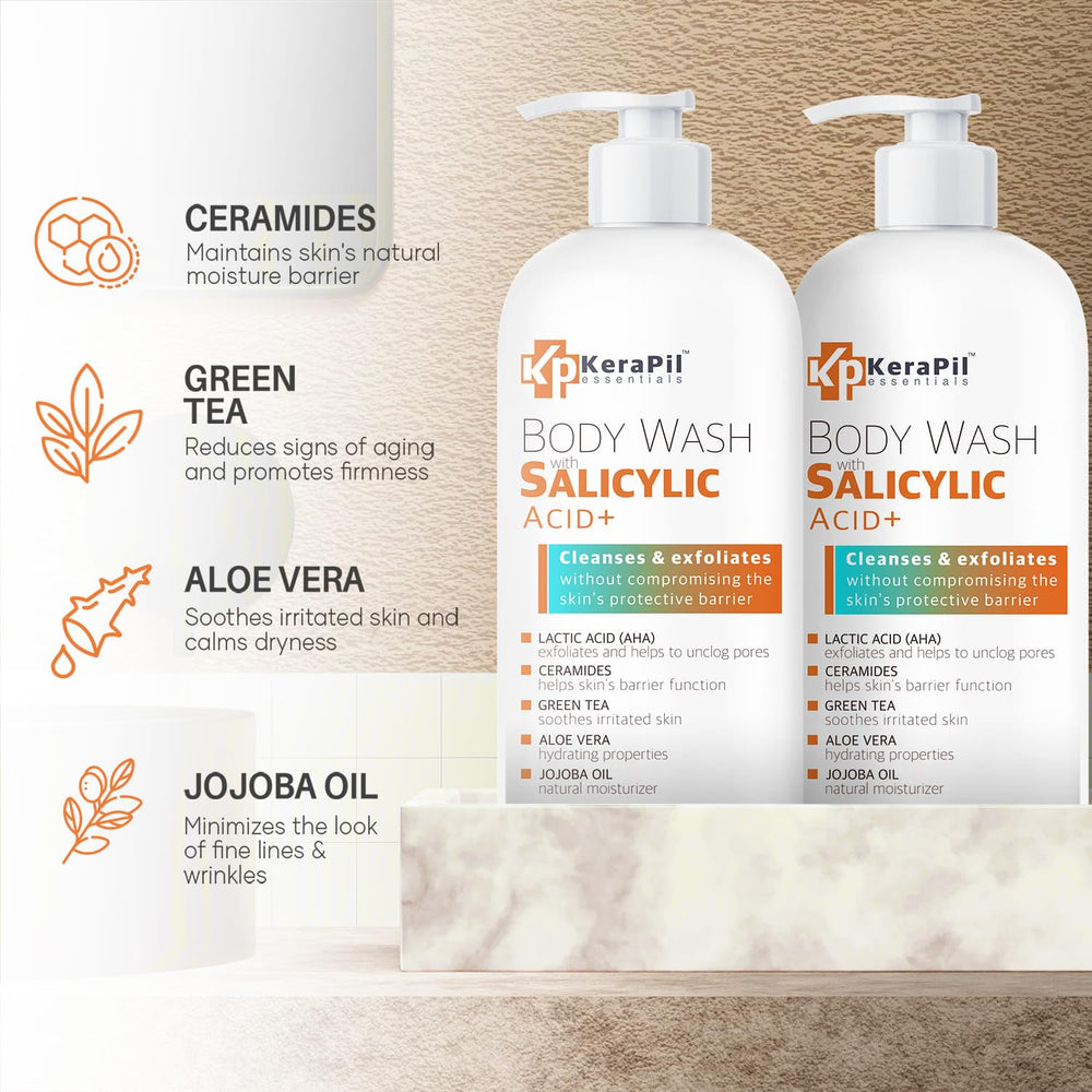 KERAPIL Salicylic Acid Body Wash bottle back with usage directions and key benefits.