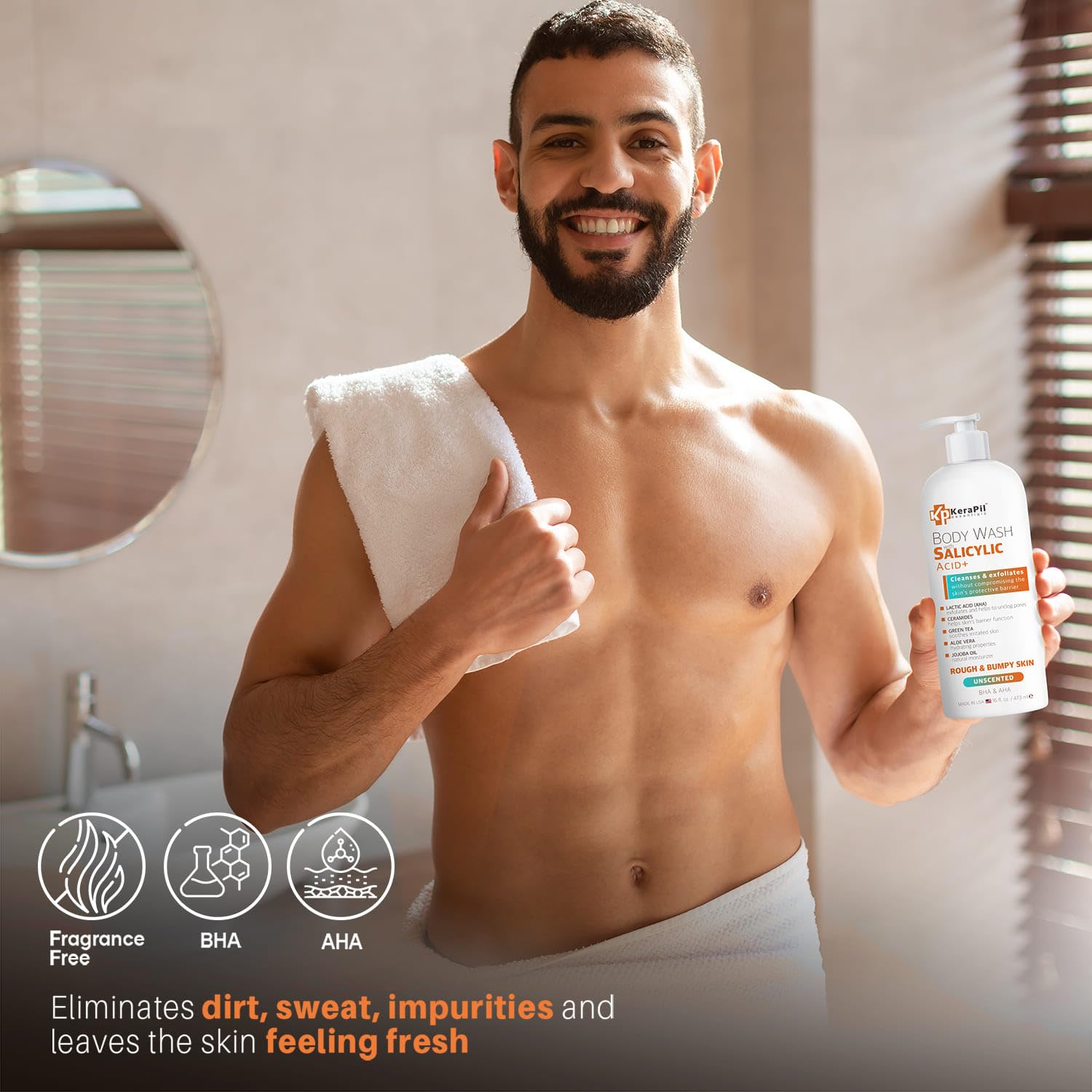 Hands applying KERAPIL on arm in shower for gentle exfoliation.
