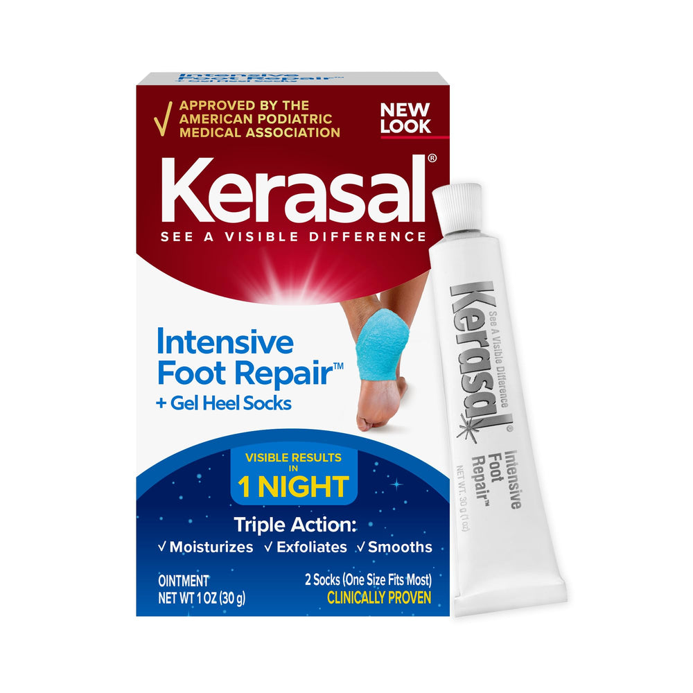 Kerasal Intensive Foot Repair ointment packaging and 1 oz jar for cracked heel care.