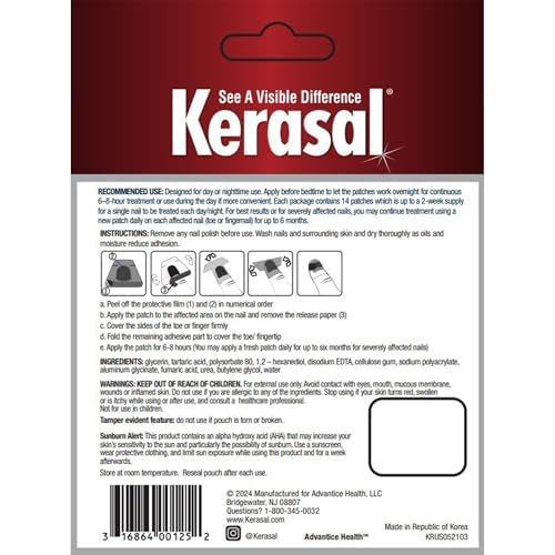 Parches de uñas Kerasal para descoloración, mejora la apariencia con uso constante.
