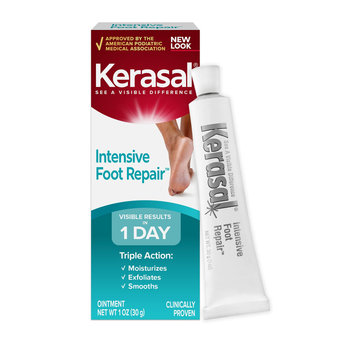 Kerasal en frasco, enfoque en reparacion intensiva para pies secos.