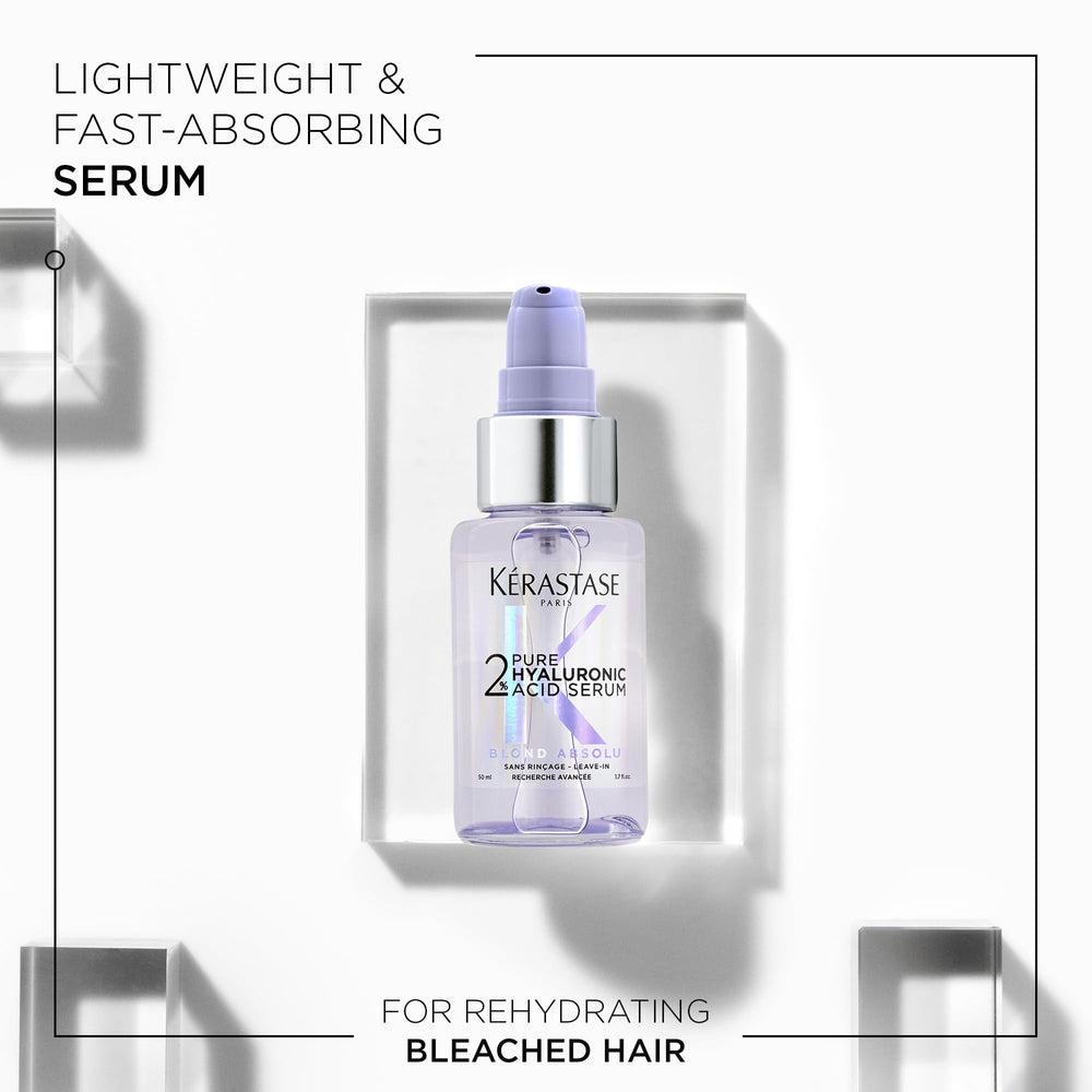 Serum applied to wet hair for smoother, shinier blonde strands.