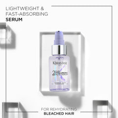 Serum applied to wet hair for smoother, shinier blonde strands.