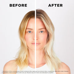 Aplicación de Blond Absolu, mascarilla violeta en medios y puntas para neutralizar amarillos.