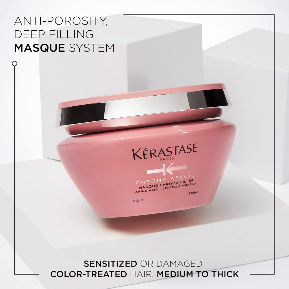 KÉRASTASE Chroma Absolu mask application hands distributing nourishment to mid-lengths.
