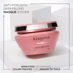 KÉRASTASE Chroma Absolu mask application hands distributing nourishment to mid-lengths.