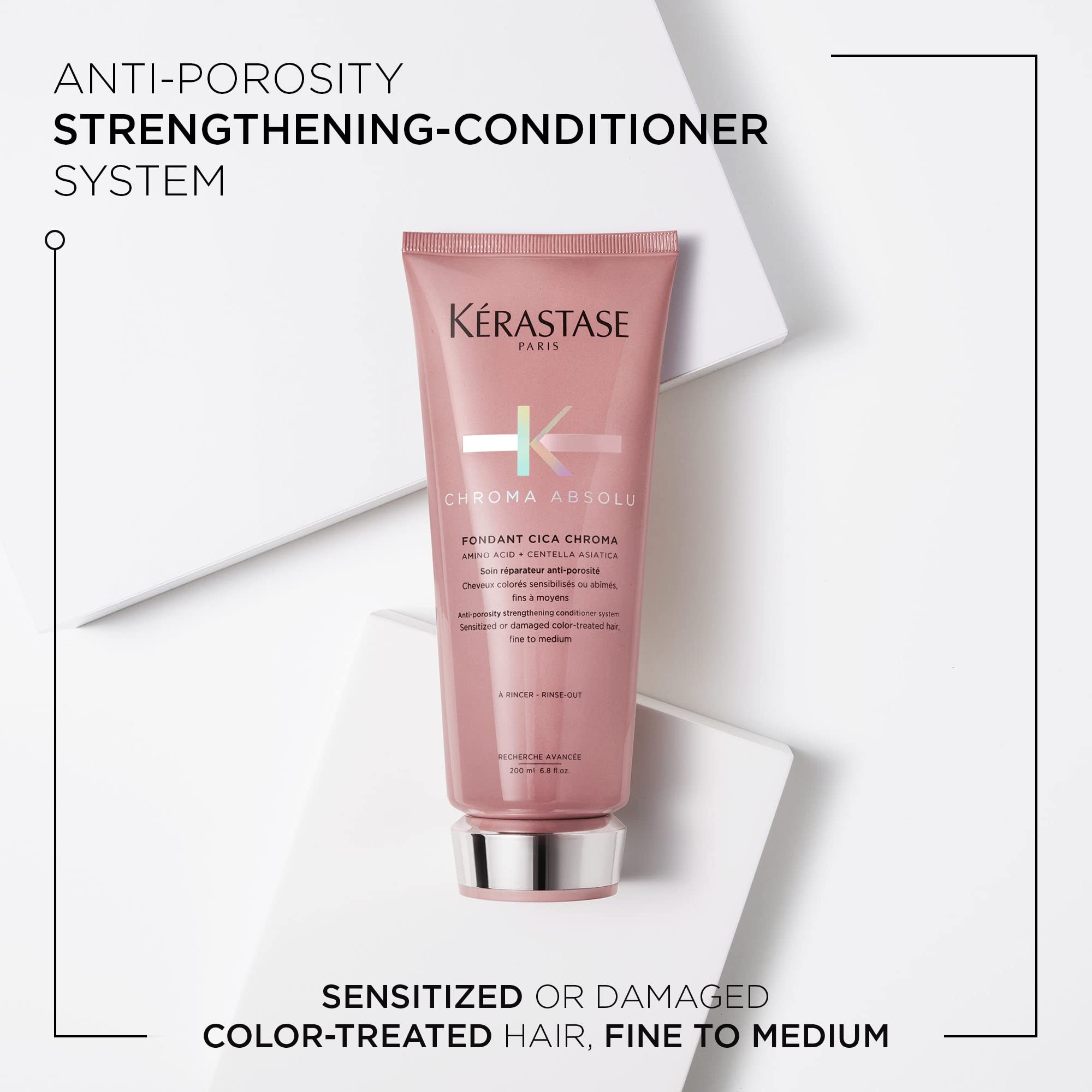Kerastase Chroma Absolu close-up cap emphasizes anti-porosity formula for fragile hair.