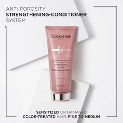 Kerastase Chroma Absolu close-up cap emphasizes anti-porosity formula for fragile hair.