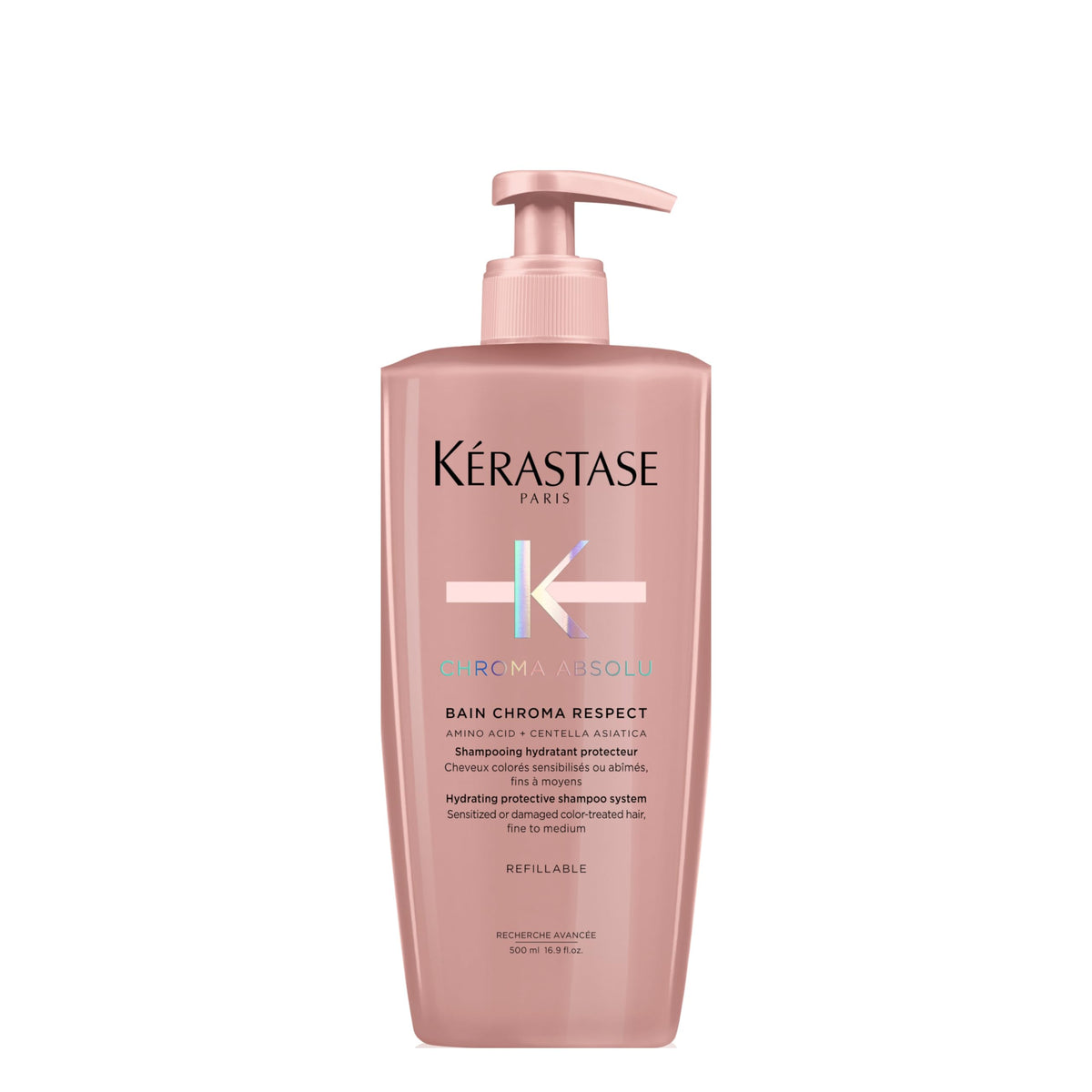 KÉRASTASE Chroma Absolute Shampoo bottle on a counter, color protection for treated hair.
