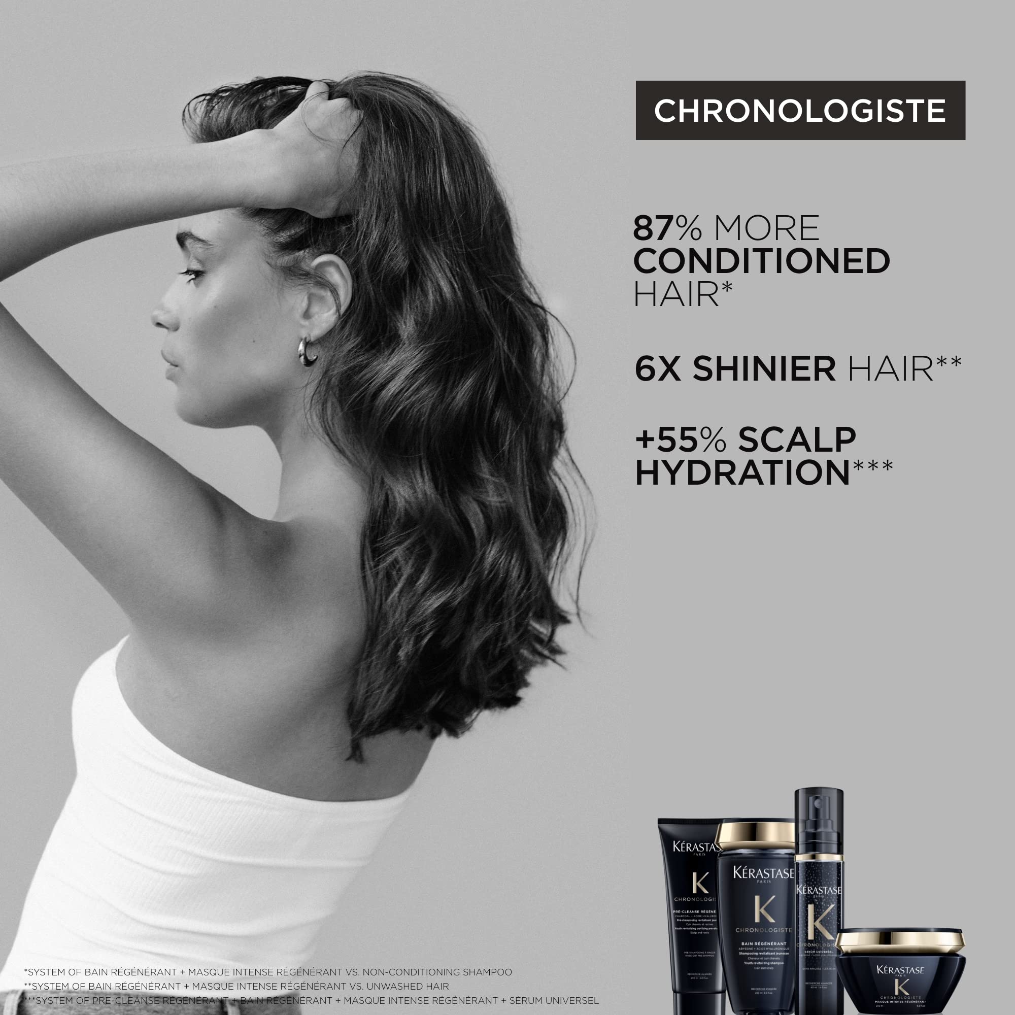 KÉRASTASE Chronologiste serum on damp hair, ready for blow-dry and shine.
