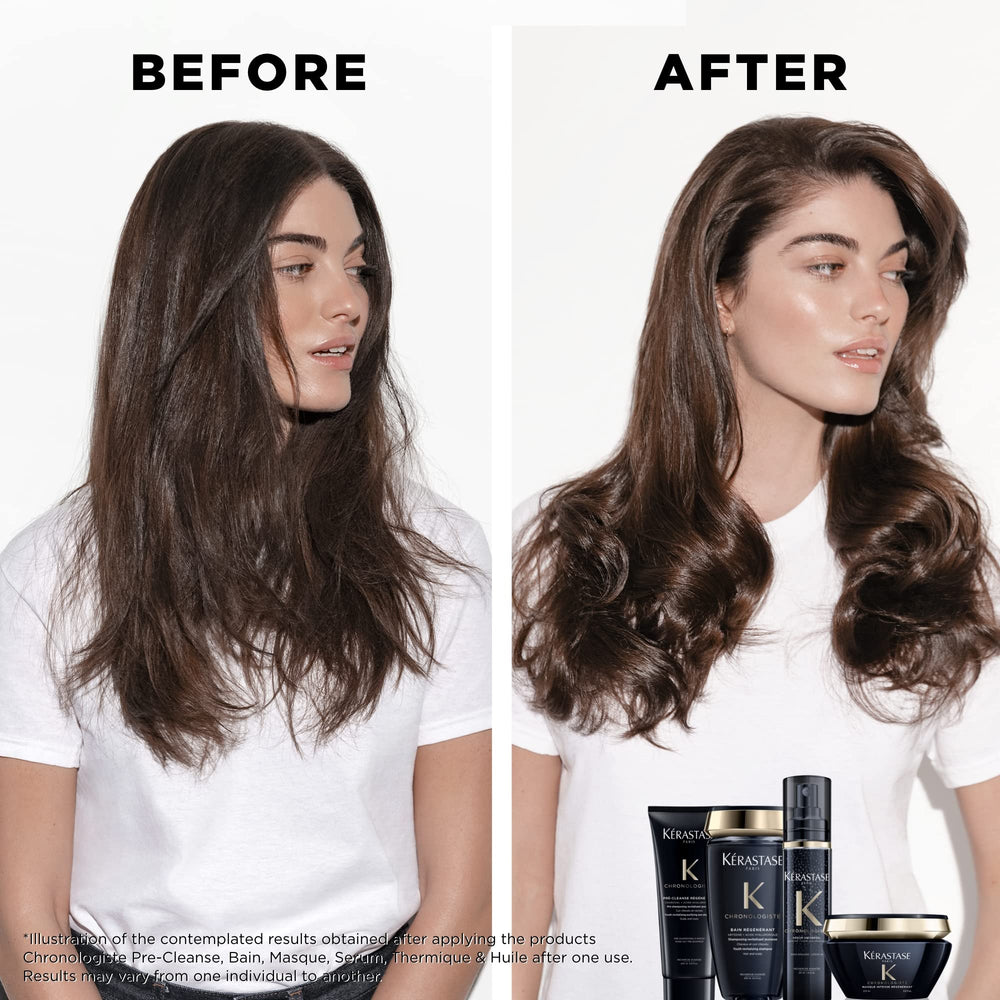 KÉRASTASE Chronologiste serum hands applying to damp hair for frizz control.