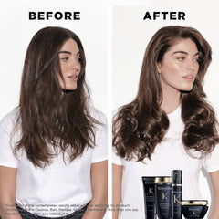 KÉRASTASE Chronologiste serum hands applying to damp hair for frizz control.