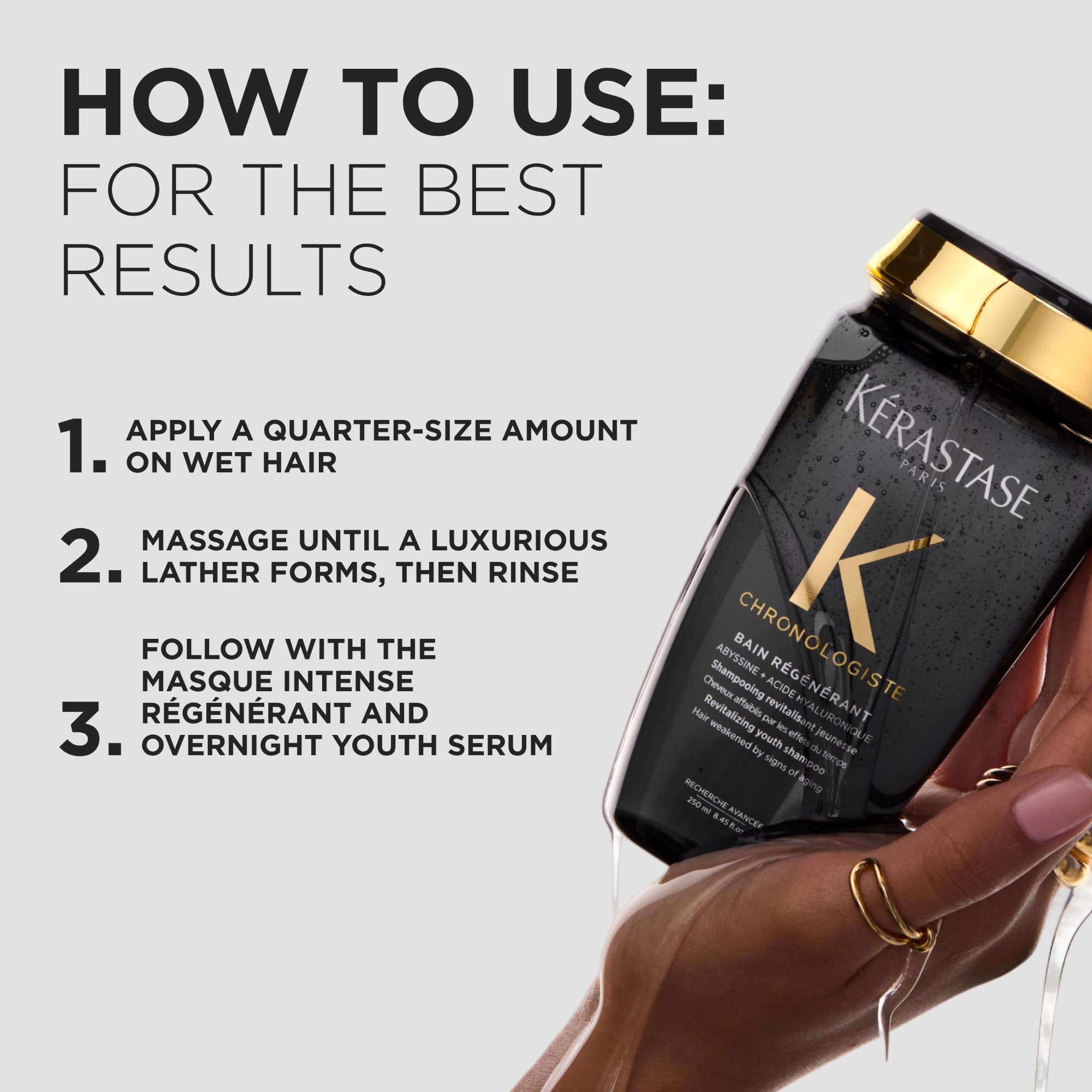 Shiny, healthy-looking hair after using Kerastase Chronologiste Regenerant Shampoo.