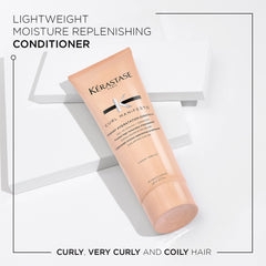 KÉRASTASE Curl Manifesto Hydratation Essentielle bottle pour demonstrates detangling and smooth curls.
