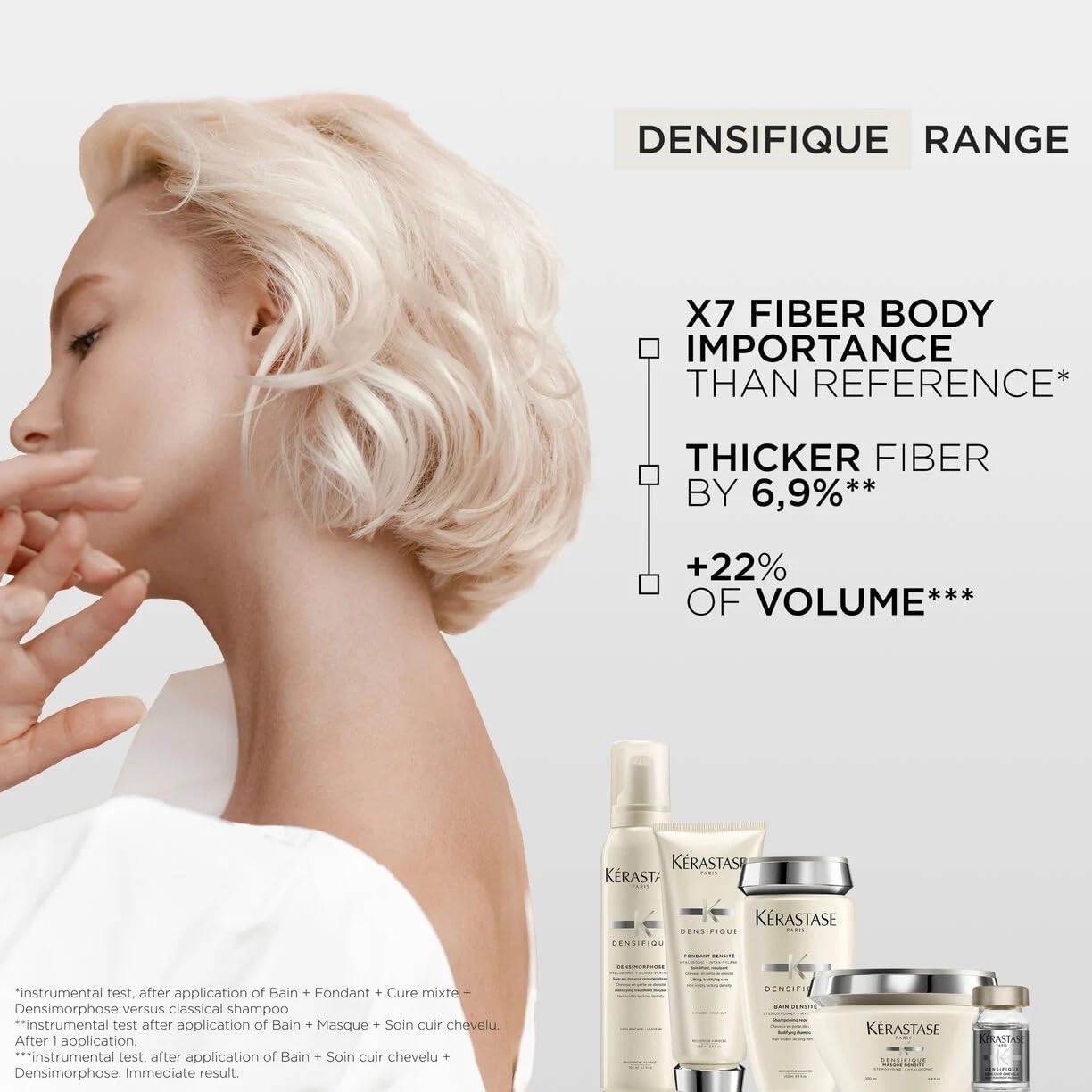 Kerastase Densifique density-improvement concept with hair fiber close-up.