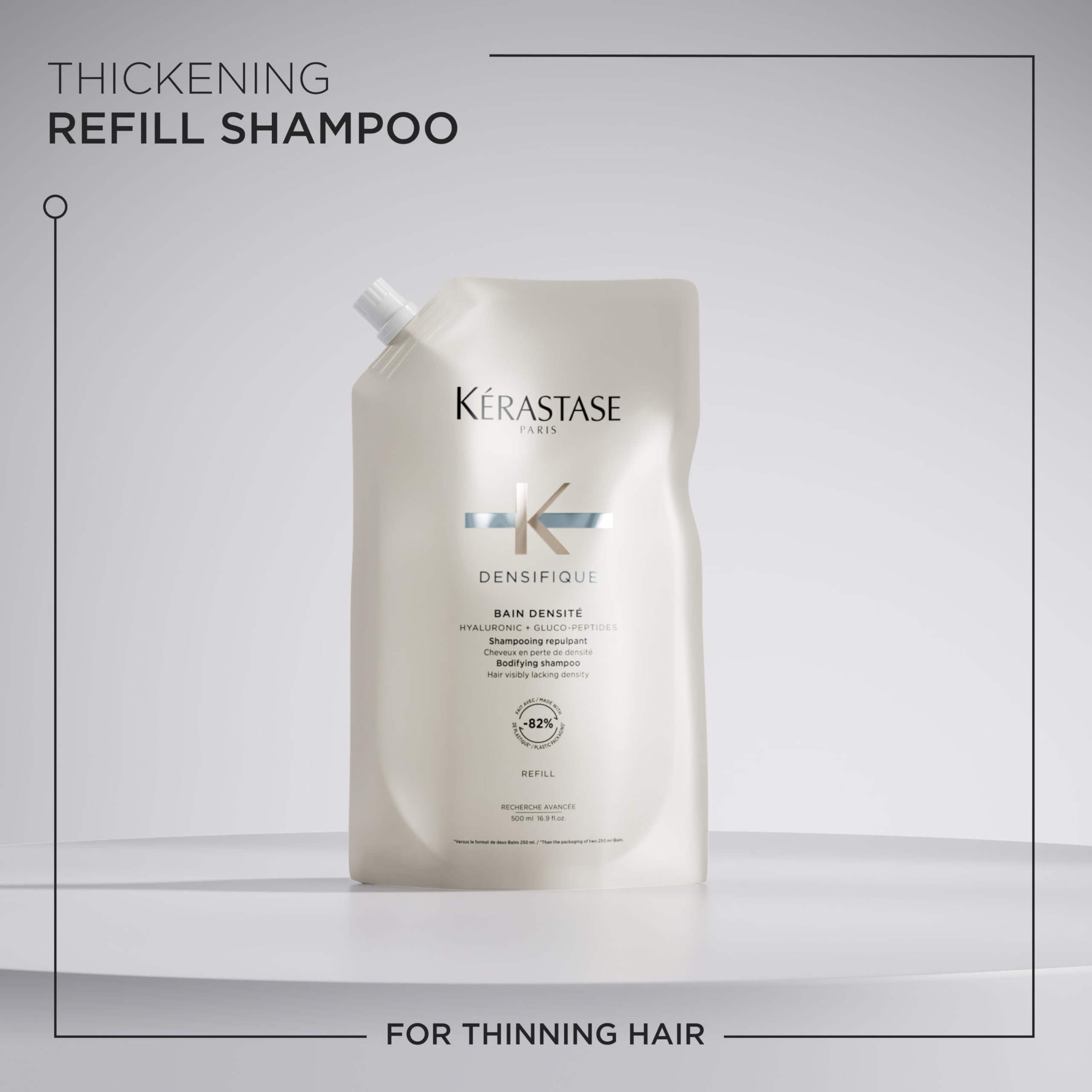 Kerastase Densifique eco-friendly packaging close-up emphasizing reduced plastic.