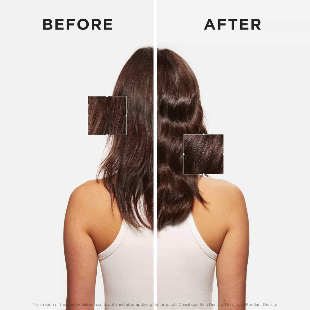 Kerastase Densifique bottle being refilled from pouch to reduce waste.