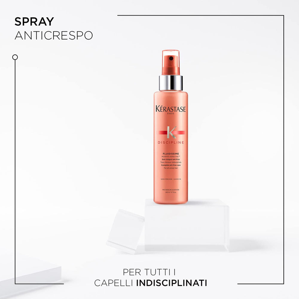 KÉRASTASE Discipline Fluidissime spray dispense for fast styling with heat protection.