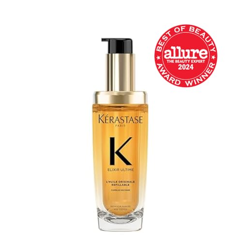 Kerastase Elixir Ultime bottle closeup with glass bottle highlighting premium finish and refill option.