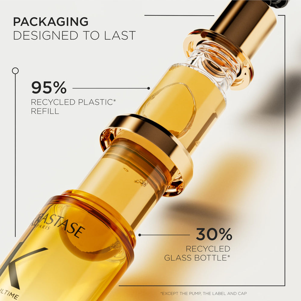 Eco packaging highlights 30% recycled glass and 95% recycled plastic content.