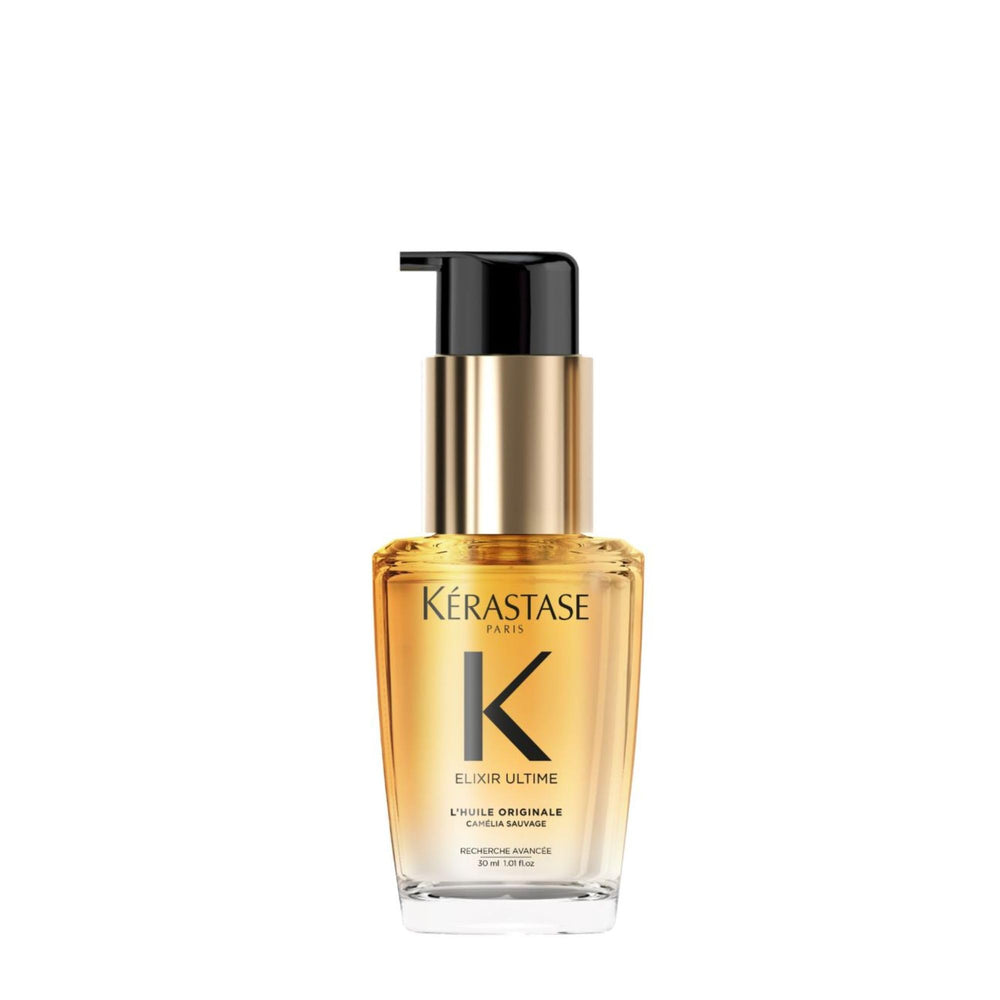 Kerastase Elixir Ultime hair oil bottle showing radiant shine and smoothness
