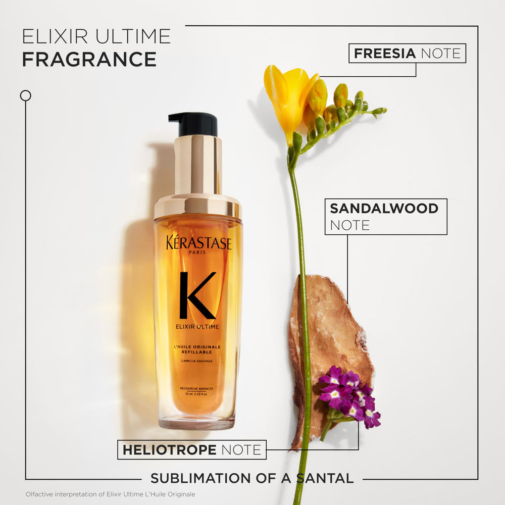 Kerastase Elixir Ultime shine closeup captures reflective gloss on strands.