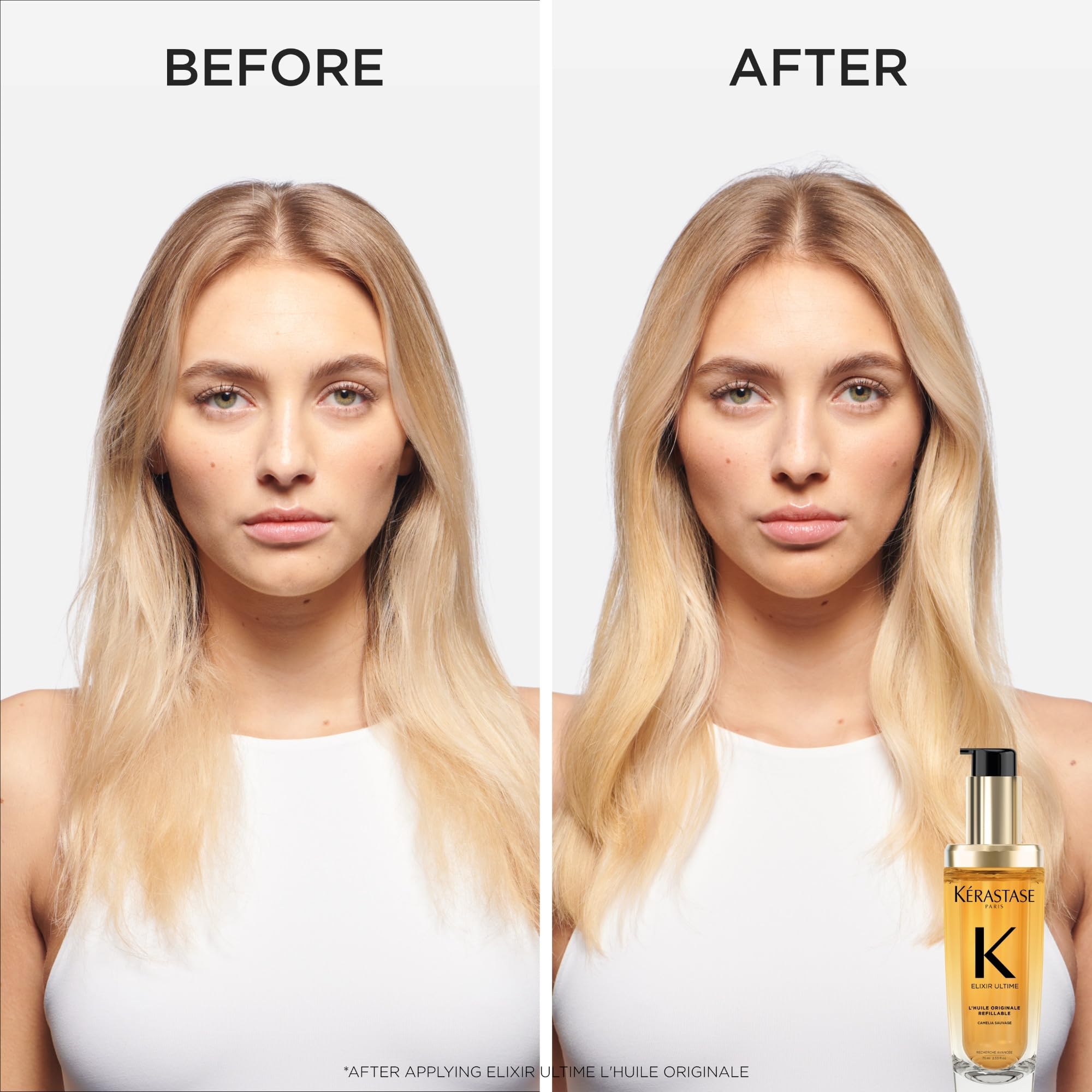 KÉRASTASE Elixir Ultime oil pump in use enables precise, mess-free mid-lengths to ends.