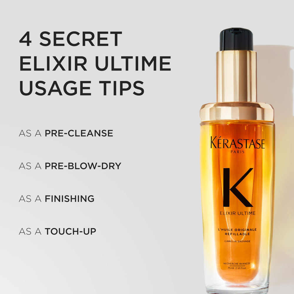Kerastase Elixir Ultime wild camellia flower highlights natural ingredients and fragrance cue.