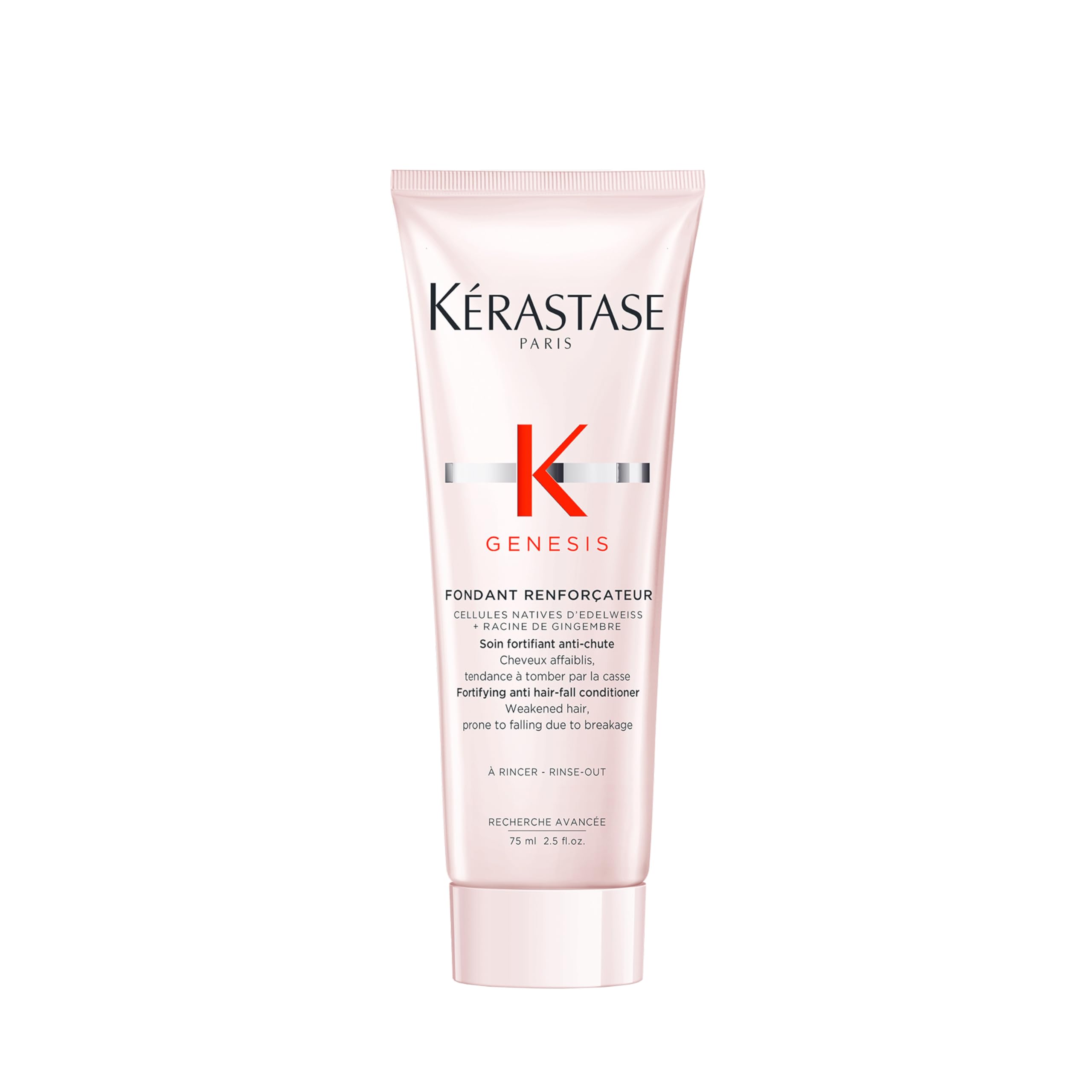 Kérastase Genesis Renforcateur bottle close-up highlights lightweight conditioning.