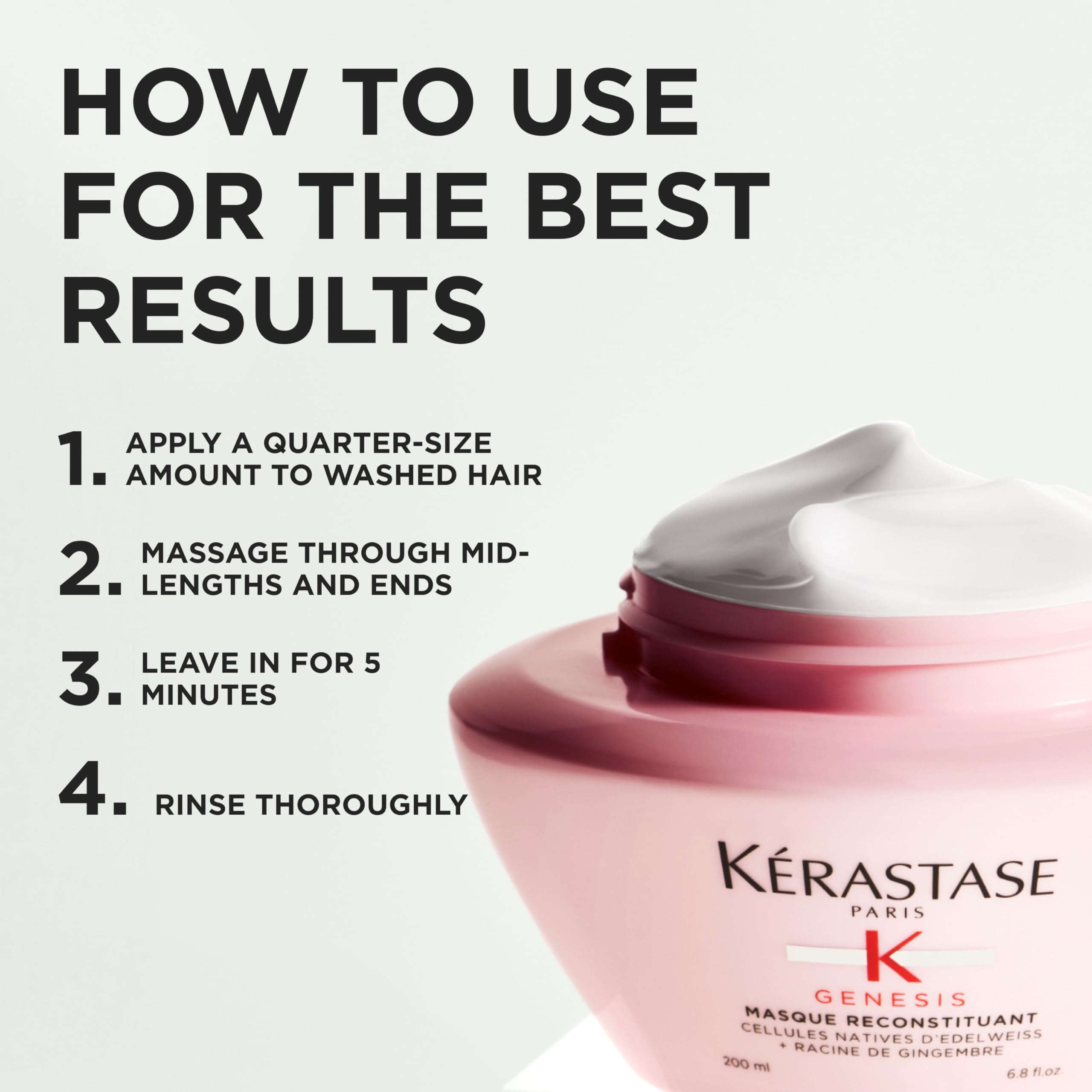 Creamy mask applied to lengths delivering softness and manageability.