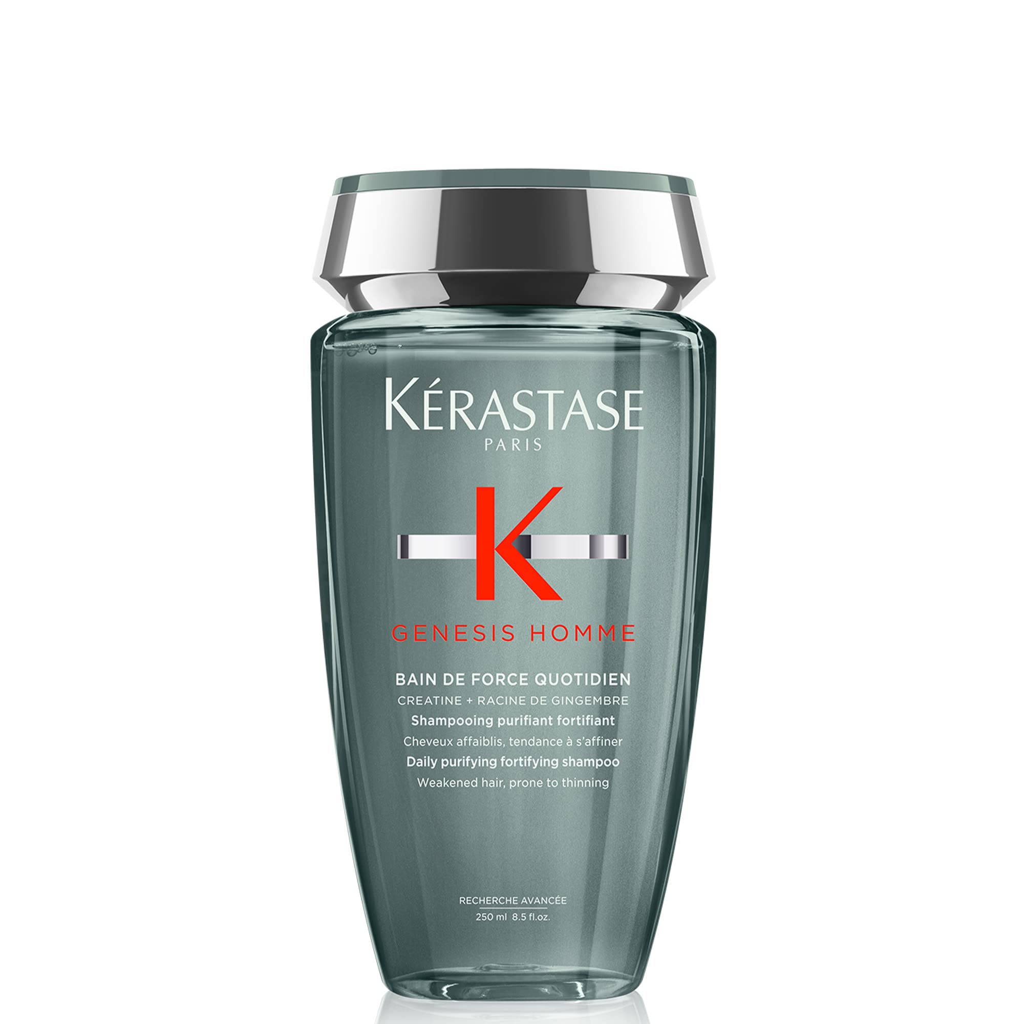 Kerastase Genesis Homme Bain De Force shampoo bottle closeup with cooling cleansing sensation