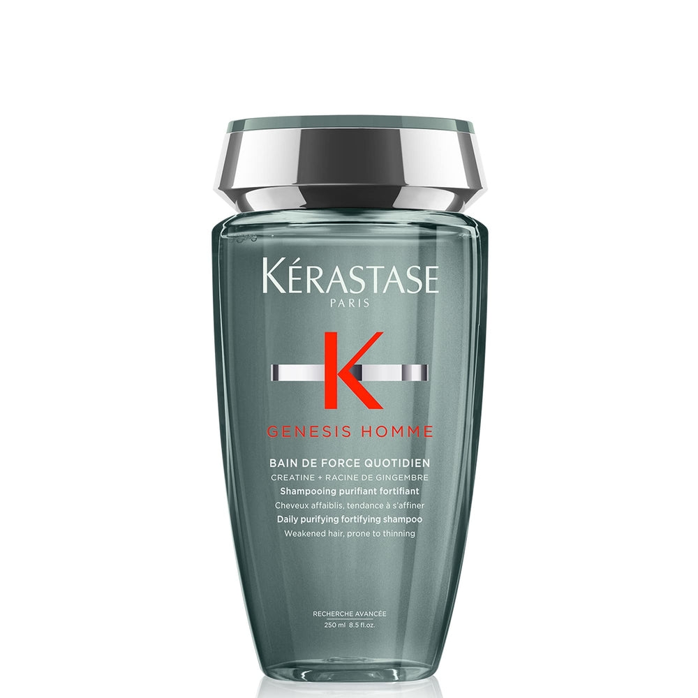 Kerastase Genesis Homme Bain De Force shampoo bottle closeup with cooling cleansing sensation